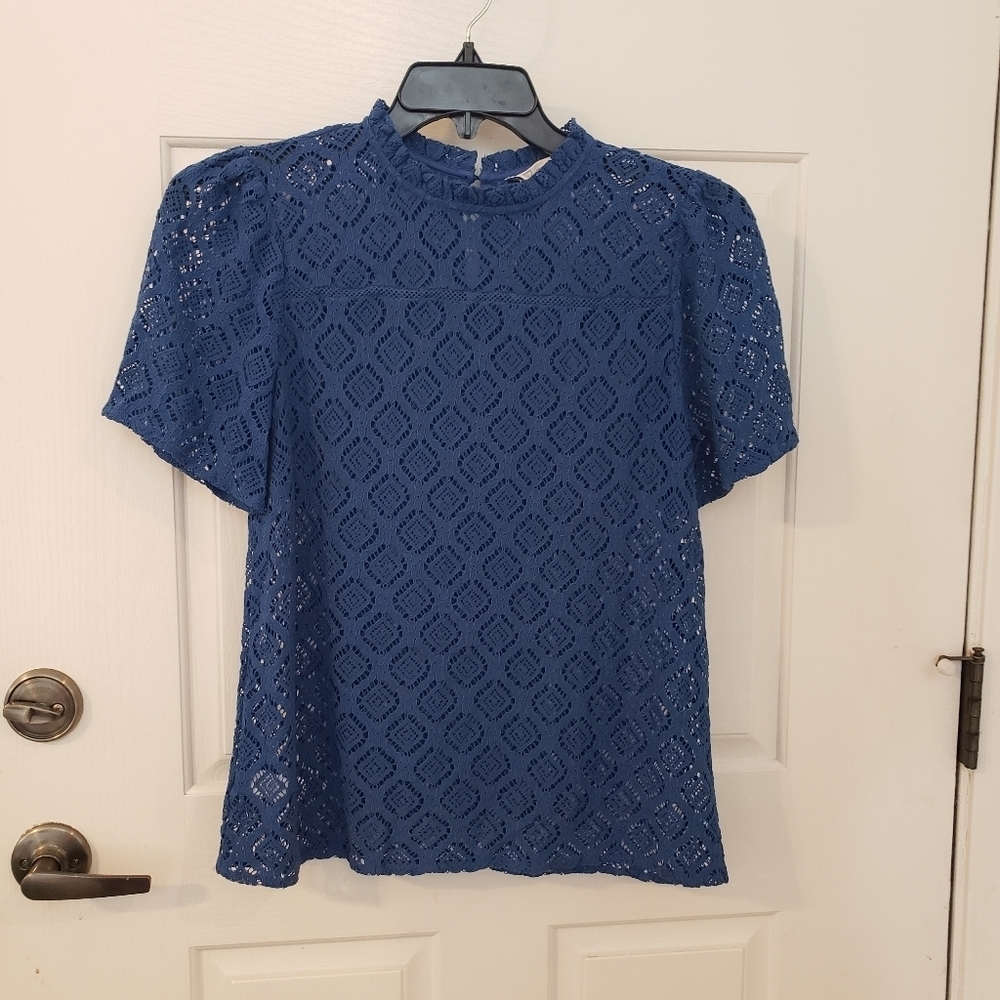 LOFT Blue Diamond Lace Crochet Blouse size Small